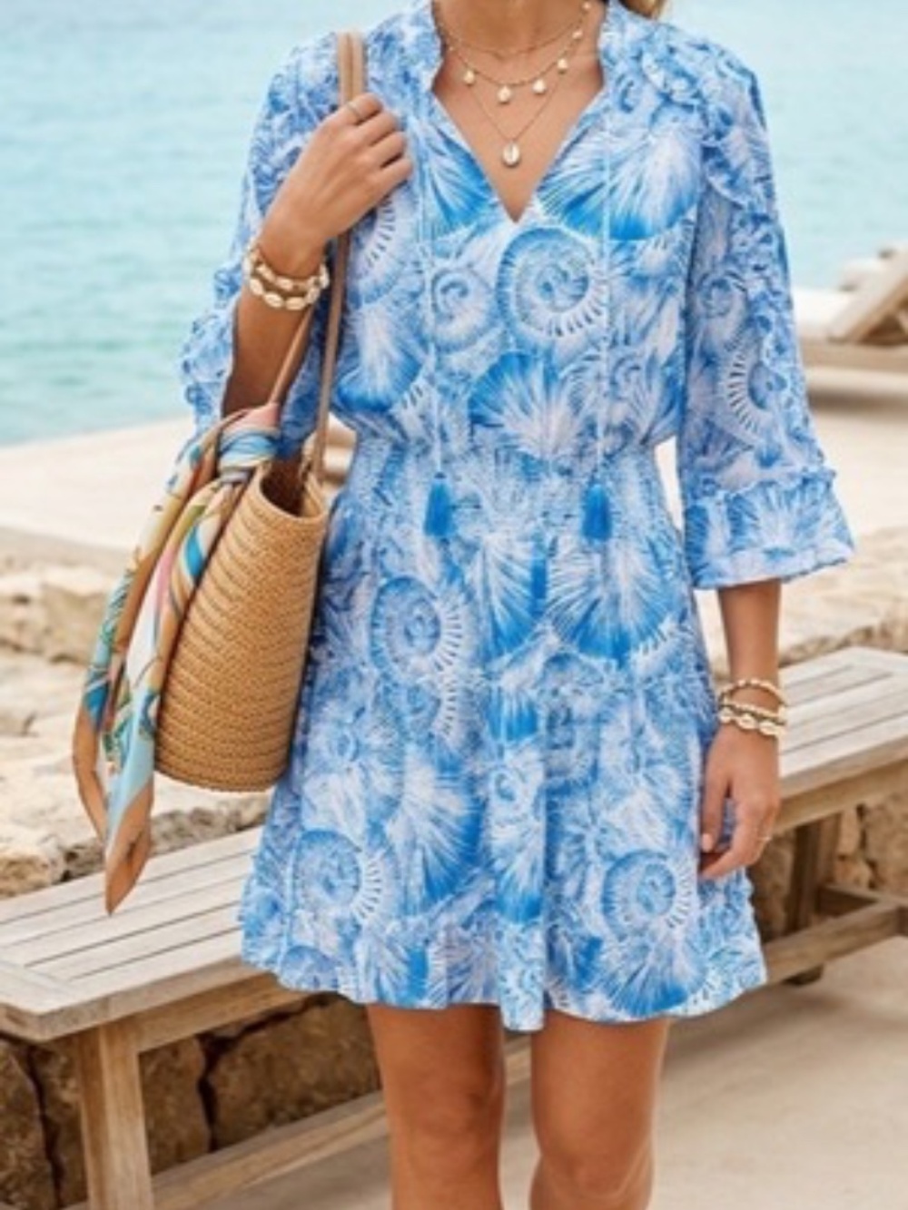 Chico’s Blue White Seashell Print Coastal Vacation Dress Size 12